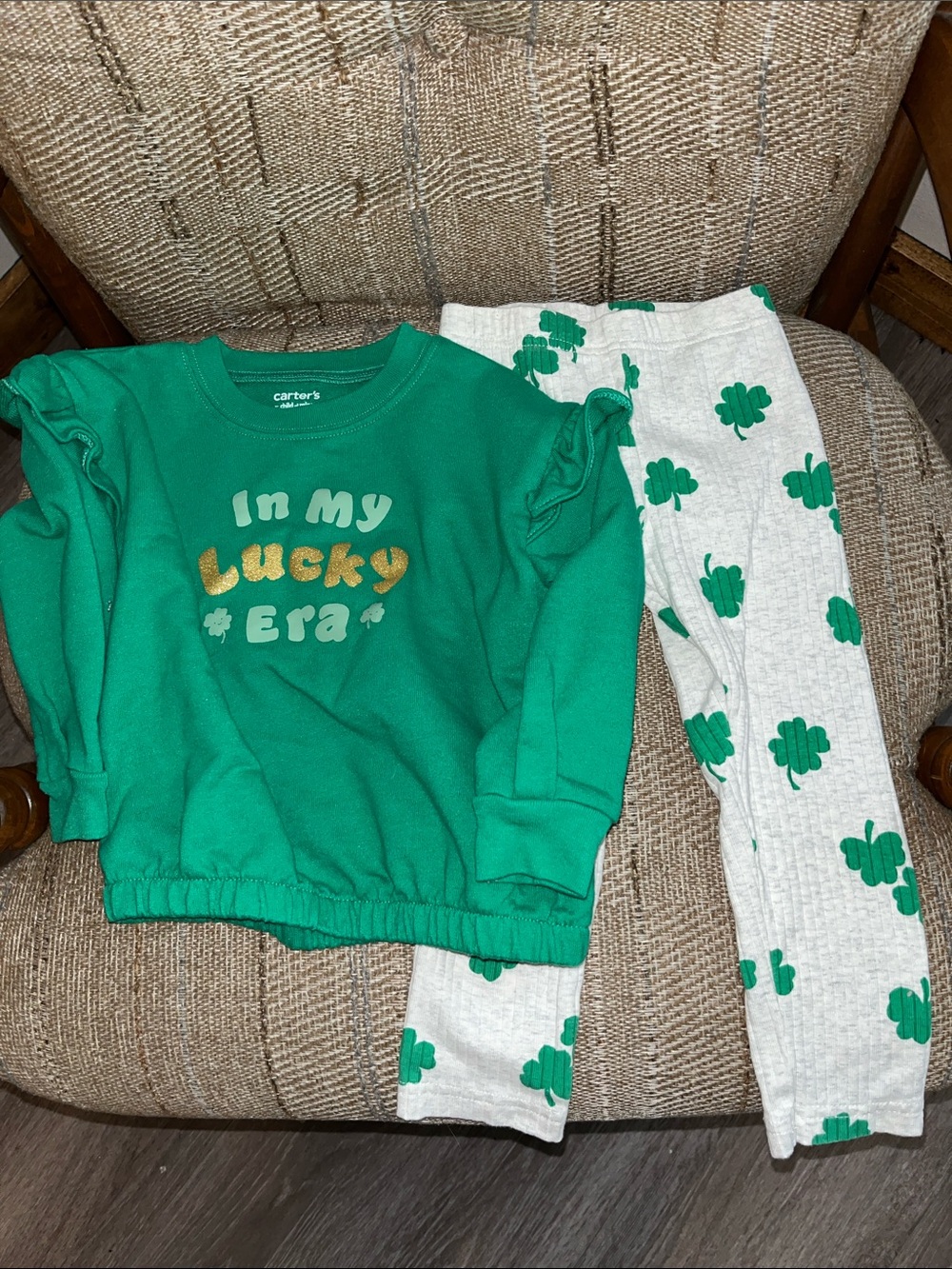 Carter's Green Sweatshirt and Heather gray Leggings with Green Clover Print